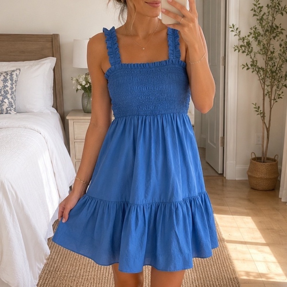Abercrombie & Fitch Blue Smocked Tiered Mini Dress Ruffle Strap‎ Petite Small A5